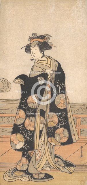 Yoshizawa Iroha as a Woman Standing on the Engawa of a House by a River, ca. 1778. Creator: Shunsho.