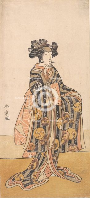 Yoshizawa Iroha as a Woman (Tomoe Gozen?) Standing on the Bank, 1774 or 1775. Creator: Shunsho.
