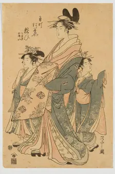Yosooi of the Matsubaya, kamuro Tomeki and Nioi, 1797. Creator: Hosoda Eishi