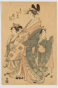 Yosooi of the Matsubaya, kamuro Tomeki and Nioi, 1797. Creator: Hosoda Eishi