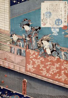 Yosooi: Courtesans on a balcony watching a street juggler, c1860. Creator: Utagawa Kunisada