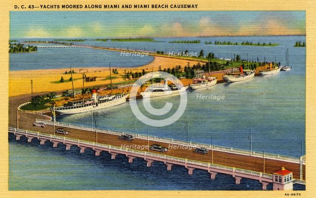 Yachts moored along the Miami and Miami Beach Causeway, Florida, USA, 1934. Artist: Unknown