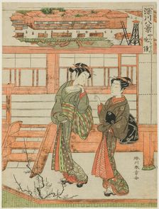 Yagurashita no Bansho (Evening Bell at Yagurashita), Courtesan and Her Attendant at the..., c. 1771. Creator: Shunsho