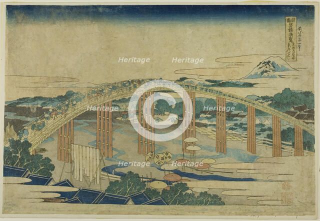 Yahagi Bridge at Okazaki on the Tokaido (Tokaido Okazaki Yahagi no hashi), from the..., c. 1833/34. Creator: Hokusai.
