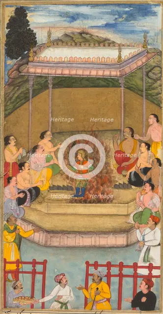 Yaja and Upayaja perform a sacrifice for the emergence of Dhrishtadyumna from the fire..., 1598. Creator: Bilal Habshi (probably Ethiopian, active late 1500s), attributed to.