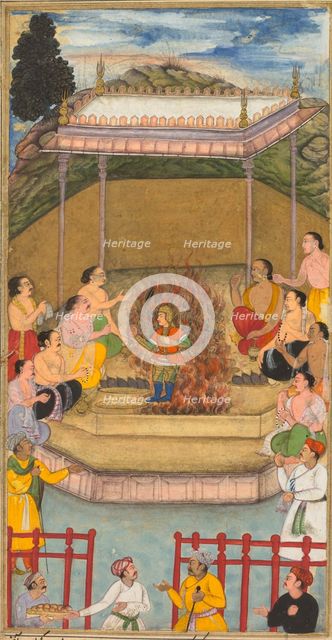 Yaja and Upayaja perform a sacrifice for the emergence of Dhrishtadyumna from the fire..., 1598. Creator: Bilal Habshi (probably Ethiopian, active late 1500s), attributed to.
