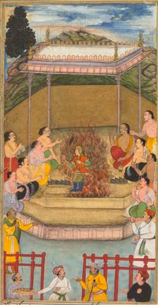 Yaja and Upayaja perform a sacrifice for the emergence of Dhrishtadyumna from the fire..., 1598. Creator: Bilal Habshi (probably Ethiopian, active late 1500s), attributed to