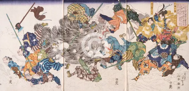Yamamoto Kansuke Kills the Wild Boar, 1868. Creator: Tsukioka Yoshitoshi.