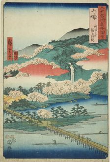Yamashiro Province: The Togetsu Bridge in Mount Arashi (Yamashiro, Arashiyama Togetsukyo),..., 1853. Creator: Ando Hiroshige