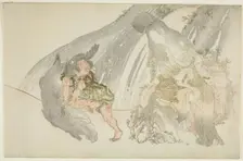 Yamauba Watching Kintaro Wrestle a Boar, Japan, late 18th/early 19th century. Creator: Kubo Shunman