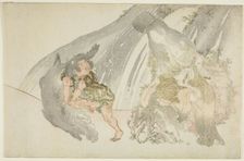 Yamauba Watching Kintaro Wrestle a Boar, Japan, late 18th/early 19th century. Creator: Kubo Shunman