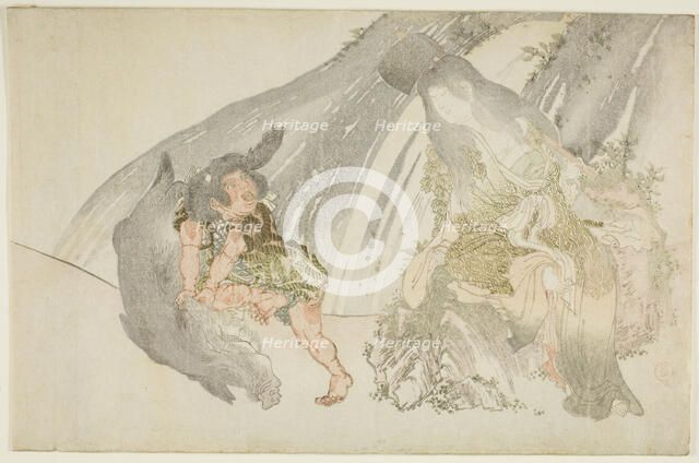 Yamauba Watching Kintaro Wrestle a Boar, Japan, late 18th/early 19th century. Creator: Kubo Shunman.
