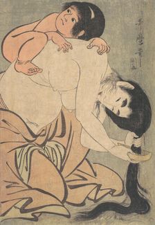 Yamauba Combing Her Hair, and Kintoki, ca. 1801. Creator: Kitagawa Utamaro