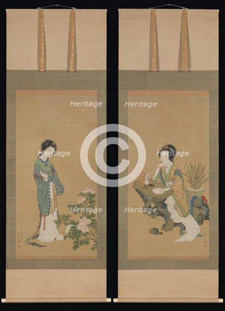 Yanji with Orchids and Yang Guifei with Peonies, 1785. Creator: Genki.