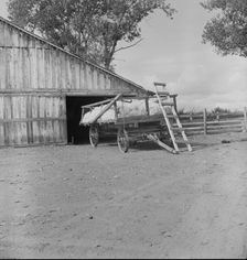 Yard barn and cotton wagon on small California cotton farm, Kern County, California, 1938. Creator: Dorothea Lange