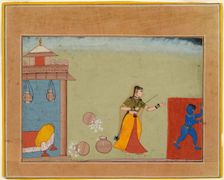 Yashoda Chastises Her Foster Son, the Youthful Krishna, page from a manuscript of the..., c1600. Creator: Unknown