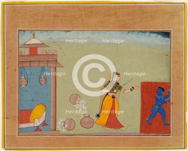 Yashoda Chastises Her Foster Son, the Youthful Krishna, page from a manuscript of the..., c1600. Creator: Unknown.