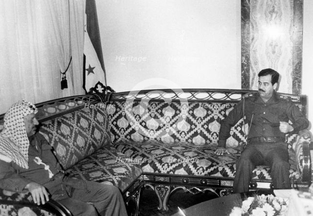 Yasser Arafat and Saddam Hussein, Iraq, 1987. Artist: Unknown