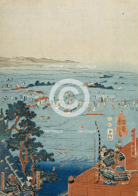 Yasuhiro Surveying his Army being Washed Away (image 1 of 3), c1850. Creator: Utagawa Yoshitora.