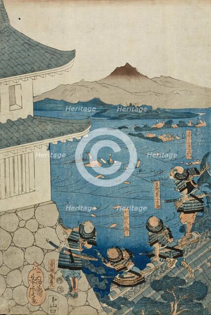 Yasuhiro Surveying his Army being Washed Away (image 2 of 3), c1850. Creator: Utagawa Yoshitora.