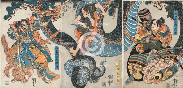 Yegara Heita Tanenaga, Izumi Kojiro Chikahira and Wada Kojiro Yoshishige battling a giant python.