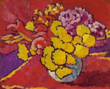 Yellow flowers, red drapery (Fleurs jaunes, draperie rouge) , 1944. Creator: Valtat, Louis (1869-1952)