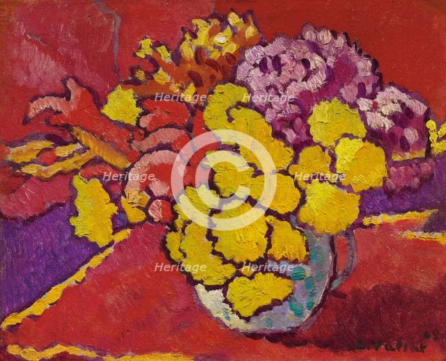Yellow flowers, red drapery (Fleurs jaunes, draperie rouge) , 1944. Creator: Valtat, Louis (1869-1952).