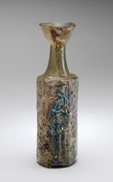 Yellow-Green Hexagonal Glass Bottle with a Stylite Saint, Byzantine, mid-5th-7th century. Creator: Unknown