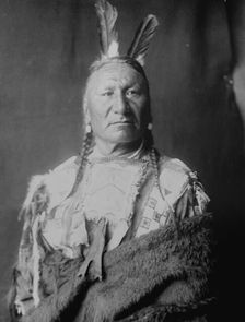 Yellow Horse-Yanktonai, half-length portrait, standing, facing slightly right, with long..., c1908. Creator: Edward Sheriff Curtis