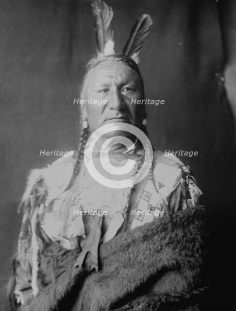 Yellow Horse-Yanktonai, half-length portrait, standing, facing slightly right, with long..., c1908. Creator: Edward Sheriff Curtis.