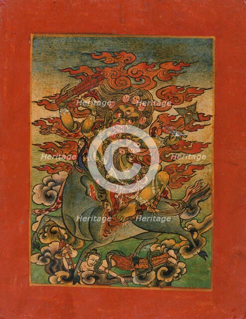 Yellow Yama (?) and Consort on Bull, Nyingmapa Buddhist or Bon Ritual Card, 18th-19th century. Creator: Unknown.