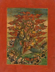 Yellow Yama (?) and Consort on Bull, Nyingmapa Buddhist or Bon Ritual Card, 18th-19th century. Creator: Unknown