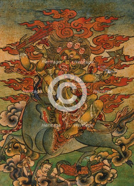 Yellow Yama (?) and Consort on Bull, Nyingmapa Buddhist or Bon Ritual Card, 18th-19th century. Creator: Unknown.