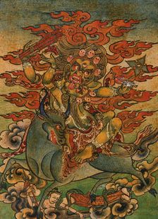 Yellow Yama (?) and Consort on Bull, Nyingmapa Buddhist or Bon Ritual Card, 18th-19th century. Creator: Unknown