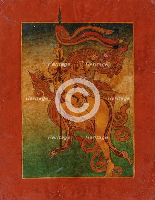 Yellow Yami (?) with Spear, Nyingmapa Buddhist or Bon Ritual Card, 18th-19th century. Creator: Unknown.