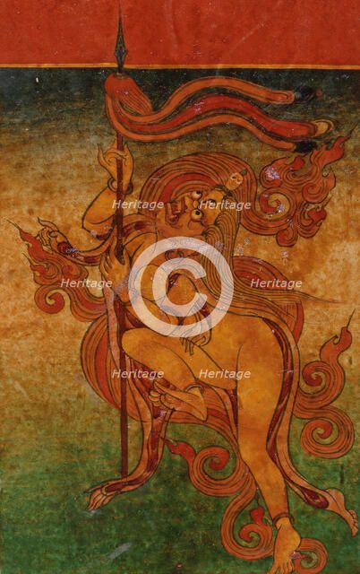 Yellow Yami (?) with Spear, Nyingmapa Buddhist or Bon Ritual Card, 18th-19th century. Creator: Unknown.