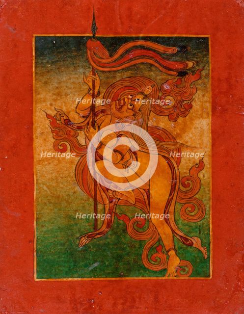 Yellow Yami (?) with Spear, Nyingmapa Buddhist or Bon Ritual Card, 18th-19th century. Creator: Unknown.