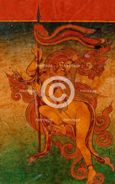 Yellow Yami (?) with Spear, Nyingmapa Buddhist or Bon Ritual Card, 18th-19th century. Creator: Unknown.