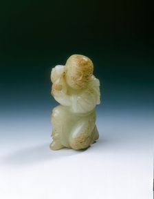 Yellowish jade kneeling tribute bearer, Tang or Liao dynasty, China, 8th-11th century. Creator: Unknown