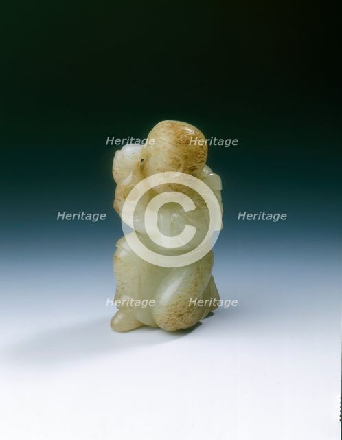 Yellowish jade kneeling tribute bearer, Tang or Liao dynasty, China, 8th-11th century. Creator: Unknown.