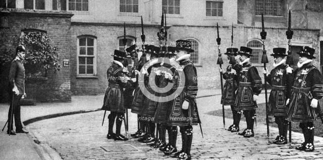Yeomen Warders on parade at the Tower of London, 1926-1927. Artist: Unknown