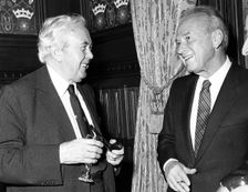 Yitzhak Rabin (1922-1995), Prime Minister of Israel with Harold Wilson, Former PM of Britian, 1982 Creator: Sidney Harris