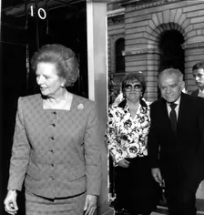 Yitzhak Shamir and his wife with Margaret Thatcher at No 10 Downing Street, May 1989. Creator: Sidney Harris