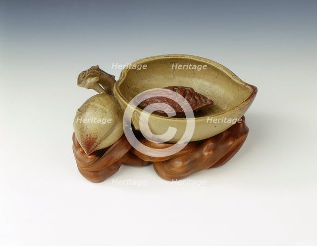Yixing stoneware brushwasher of peach shape, Qing dynasty, China, 18th century. Creator: Unknown.
