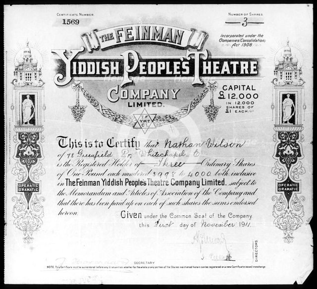 Yiddish People's Theatre share certificate, 1 November 1911. Creator: Unknown.