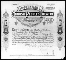 Yiddish People's Theatre share certificate, 1 November 1911. Creator: Unknown