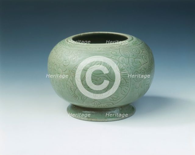 Yue celadon jar with mandarin ducks in lotus medallions, late Tang dynasty, China, 9th-10th century. Artist: Unknown