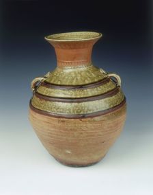 Yue celadon stoneware hu with three black bands, Eastern Han dynasty, China, 1st century. Creator: Unknown