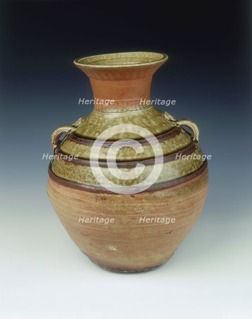 Yue celadon stoneware hu with three black bands, Eastern Han dynasty, China, 1st century.  Creator: Unknown.