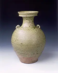 Yue stoneware vase with twin loops on shoulders, Western Jin dynasty, China, 3rd-4th century. Creator: Unknown